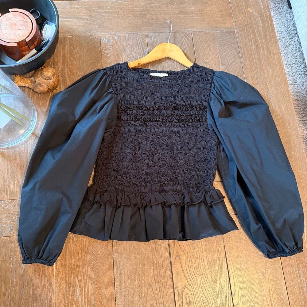 Ulla Johnson Amelia smocked‎ cotton-jersey and poplin blouse in black Size 6 - Picture 6 of 8